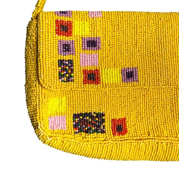 Free People Magic Moment Yellow Beaded Mid Mod Aztec Design Flap Shoulder Bag - Picture 4 of 10